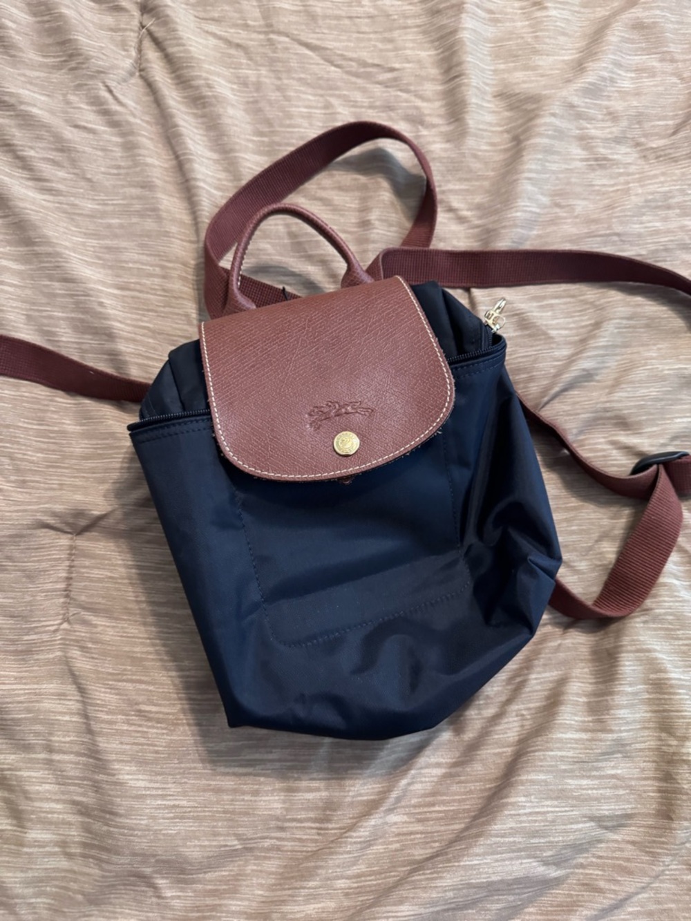 Nylon Mini Longchamp Backpack with Brown Leather Flap